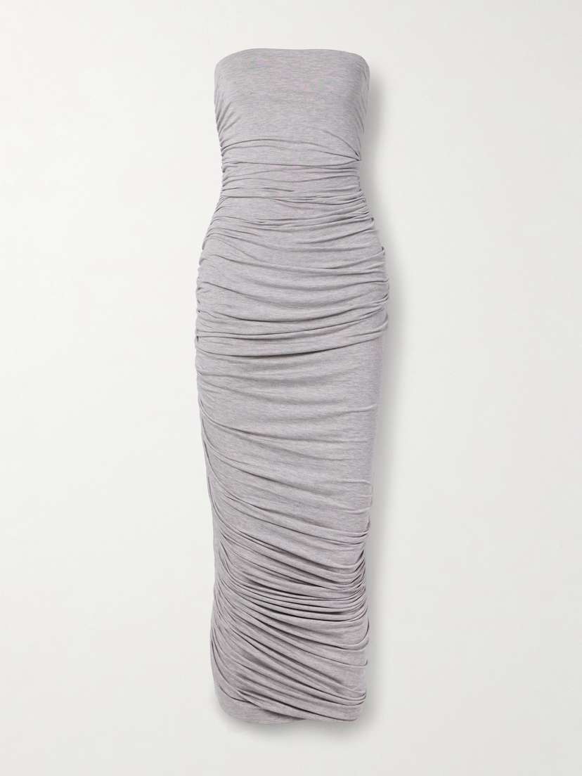 Norma Kamali Diana Strapless Ruched Asymmetric Stretch-jersey Dress
