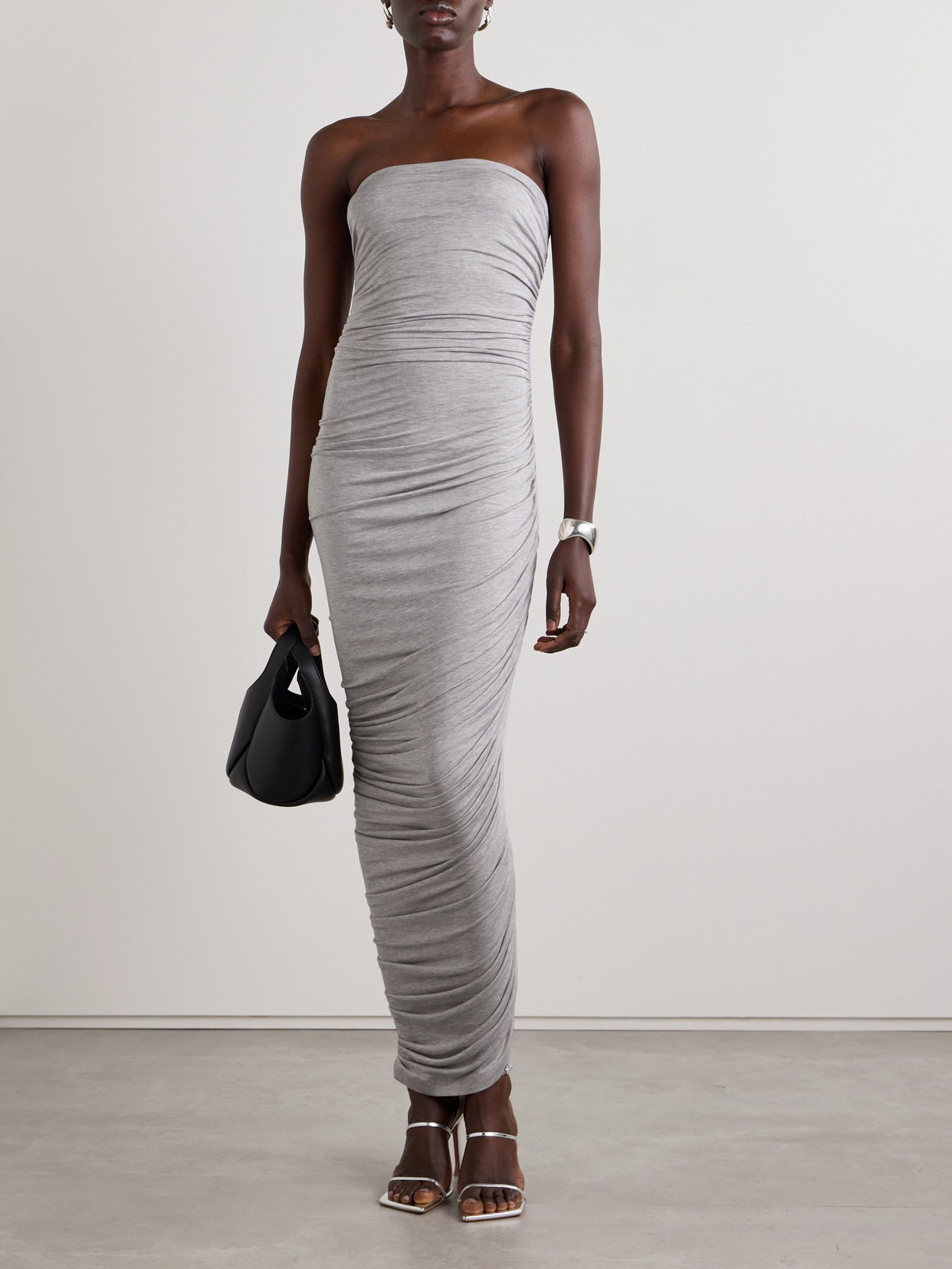 Norma Kamali Diana Strapless Ruched Asymmetric Stretch-jersey Dress In Gray
