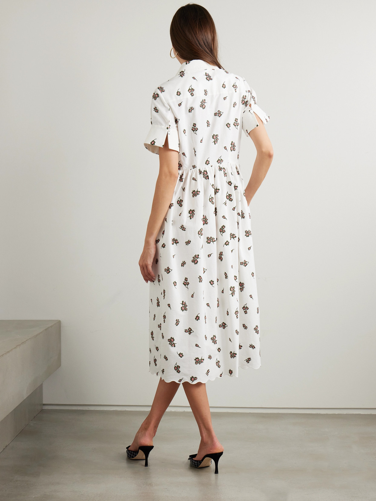 ERDEM SCALLOPED EMBROIDERED BRUSHED COTTON-BLEND MIDI SHIRT DRESS