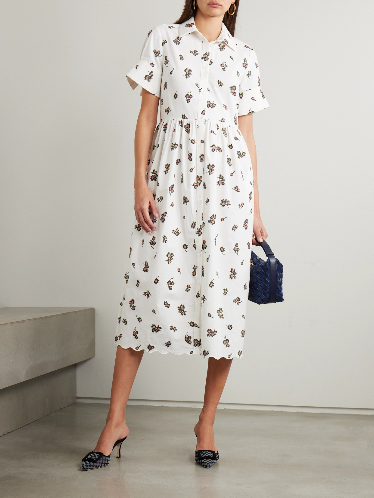 ERDEM SCALLOPED EMBROIDERED BRUSHED COTTON-BLEND MIDI SHIRT DRESS