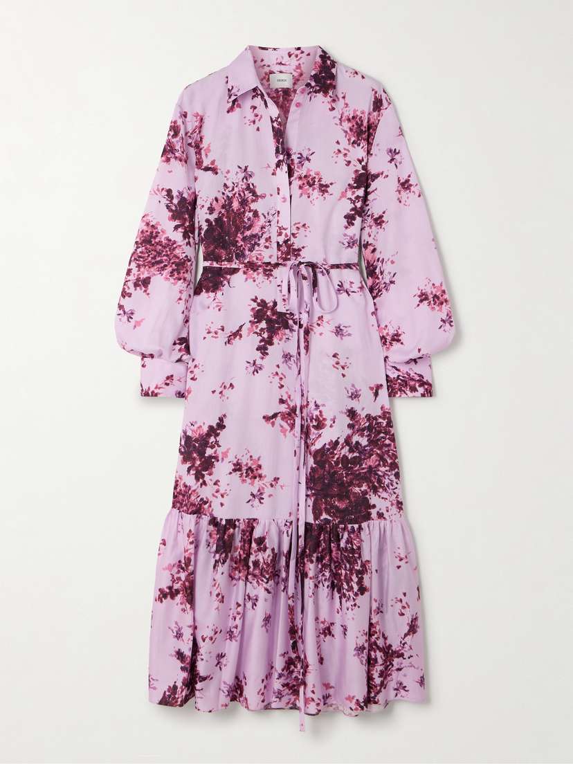 Erdem Belted Tiered Floral-print Cotton Midi Dress