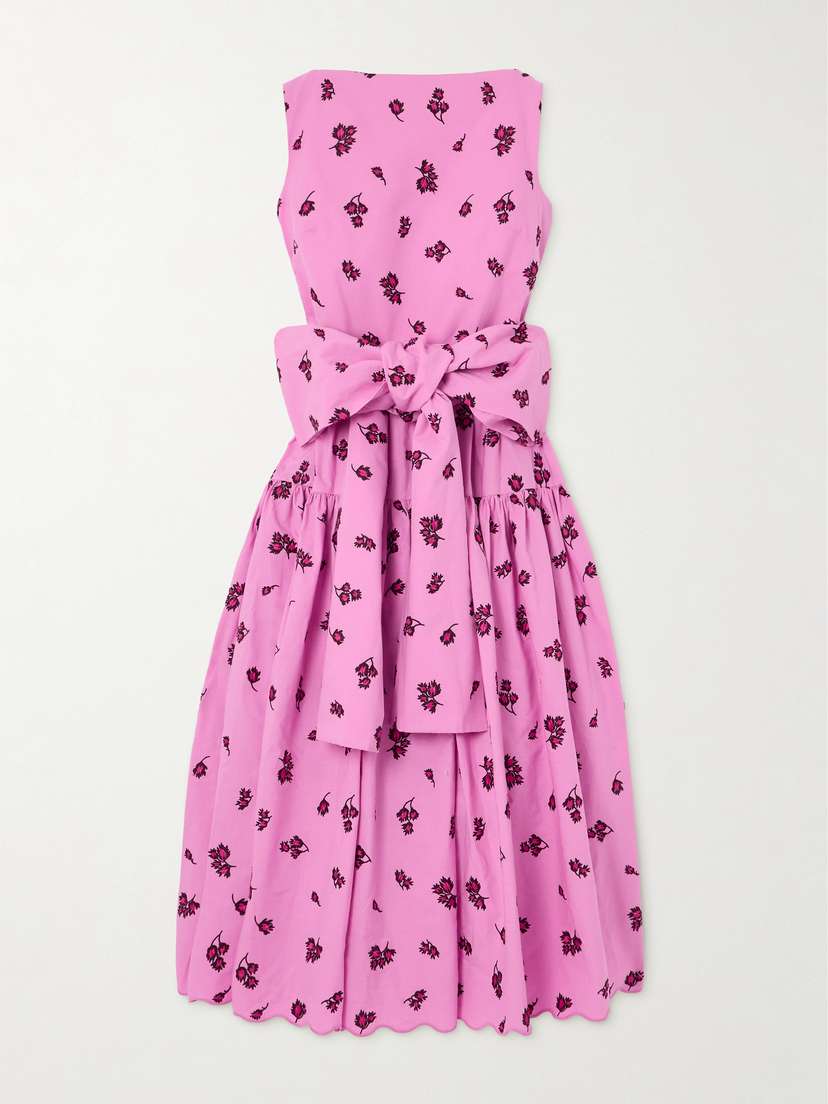 Erdem Belted Tiered Scalloped Embroidered Cotton-blend Midi Dress