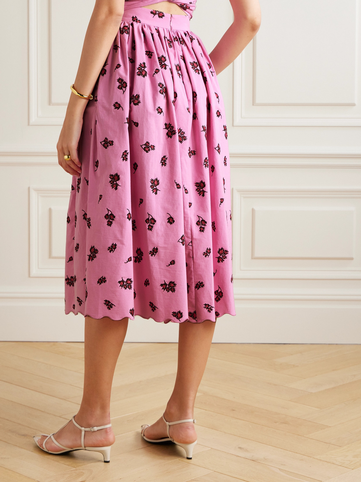 Erdem Scalloped Pleated Embroidered Cotton-blend Poplin Midi Skirt In Pink