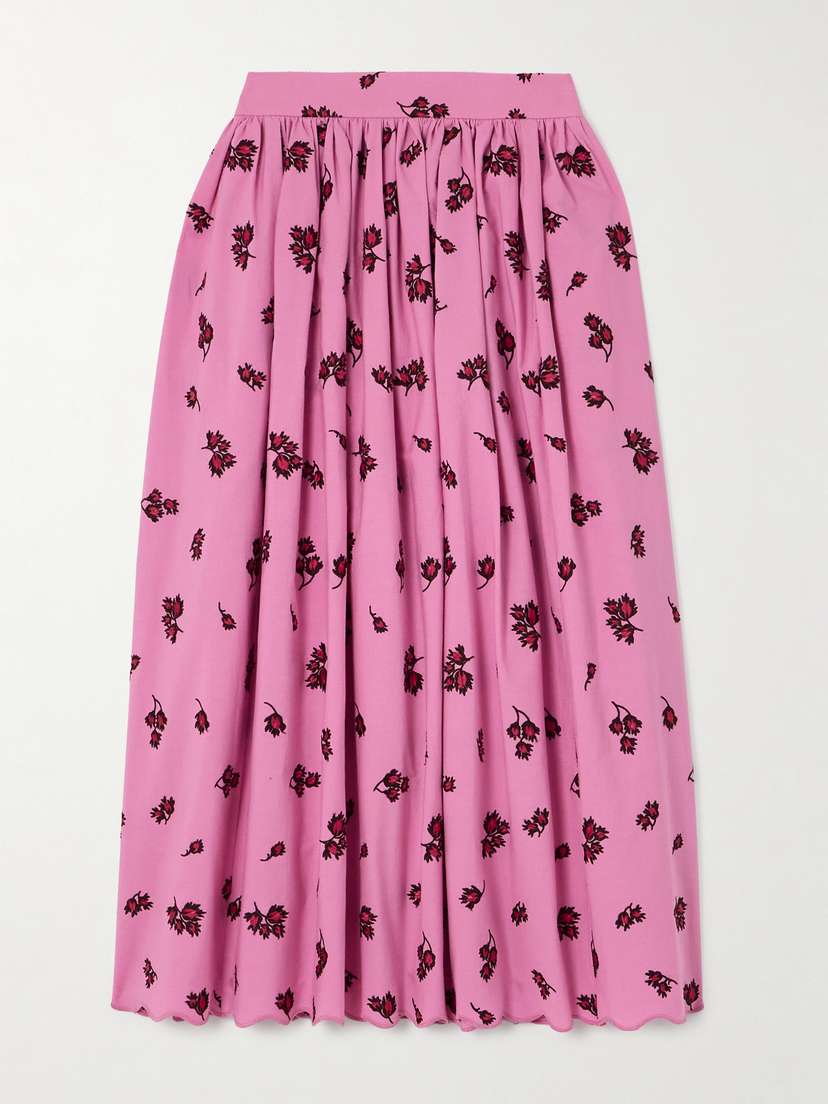 Erdem Scalloped Pleated Embroidered Cotton-blend Poplin Midi Skirt