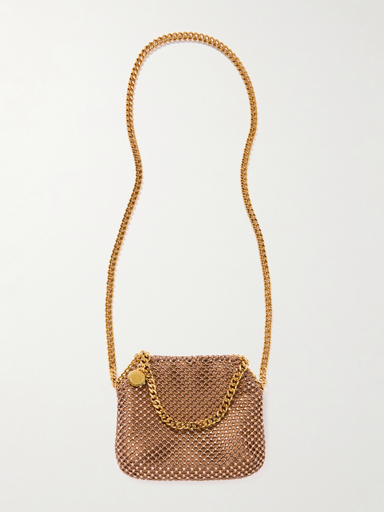 Shop Stella Mccartney Falabella Mini Crystal-embellished Mesh Shoulder Bag In Metallic