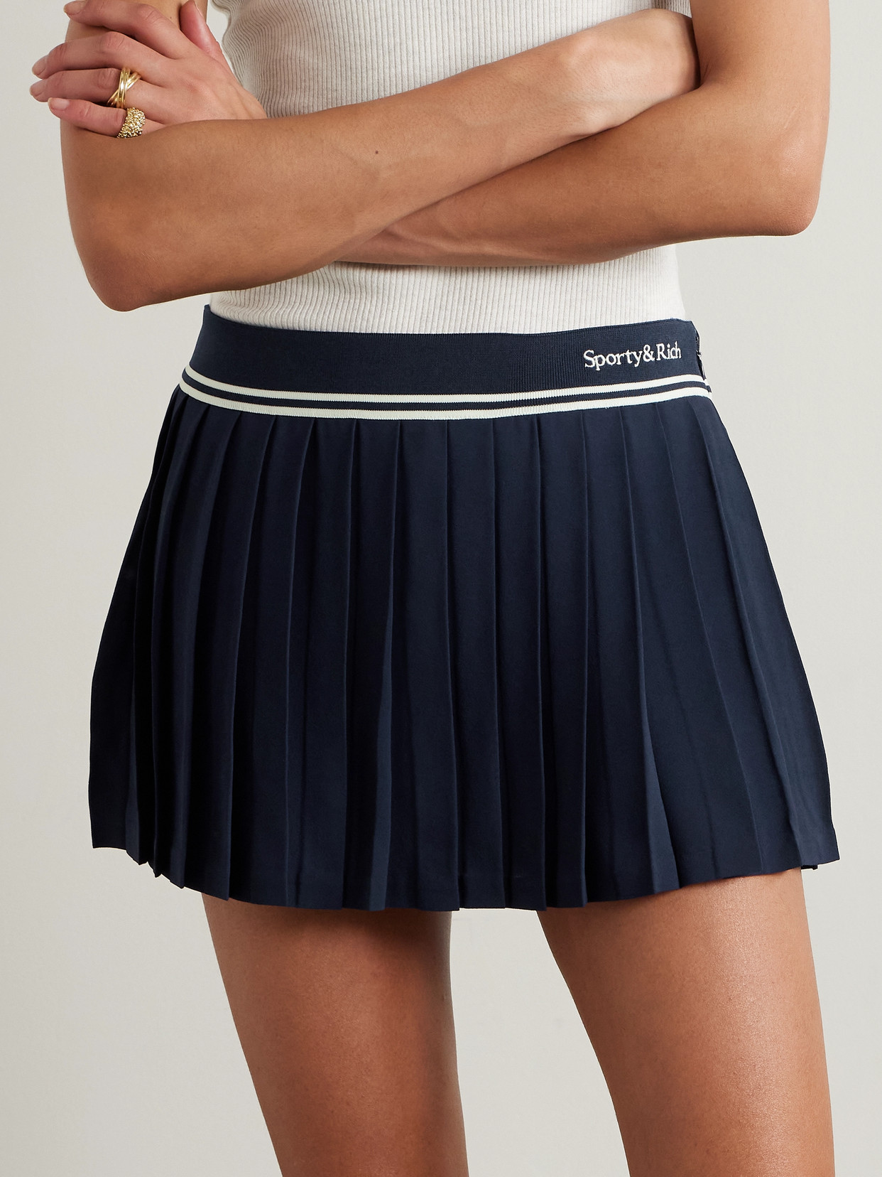 Shop Sporty And Rich Abigail Striped Pleated Crepe Mini Skirt In Blue
