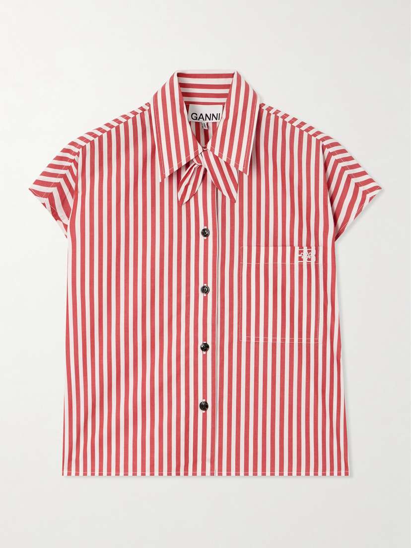 Ganni Bow-embellished Striped Organic Cotton-poplin Shirt - EU 44