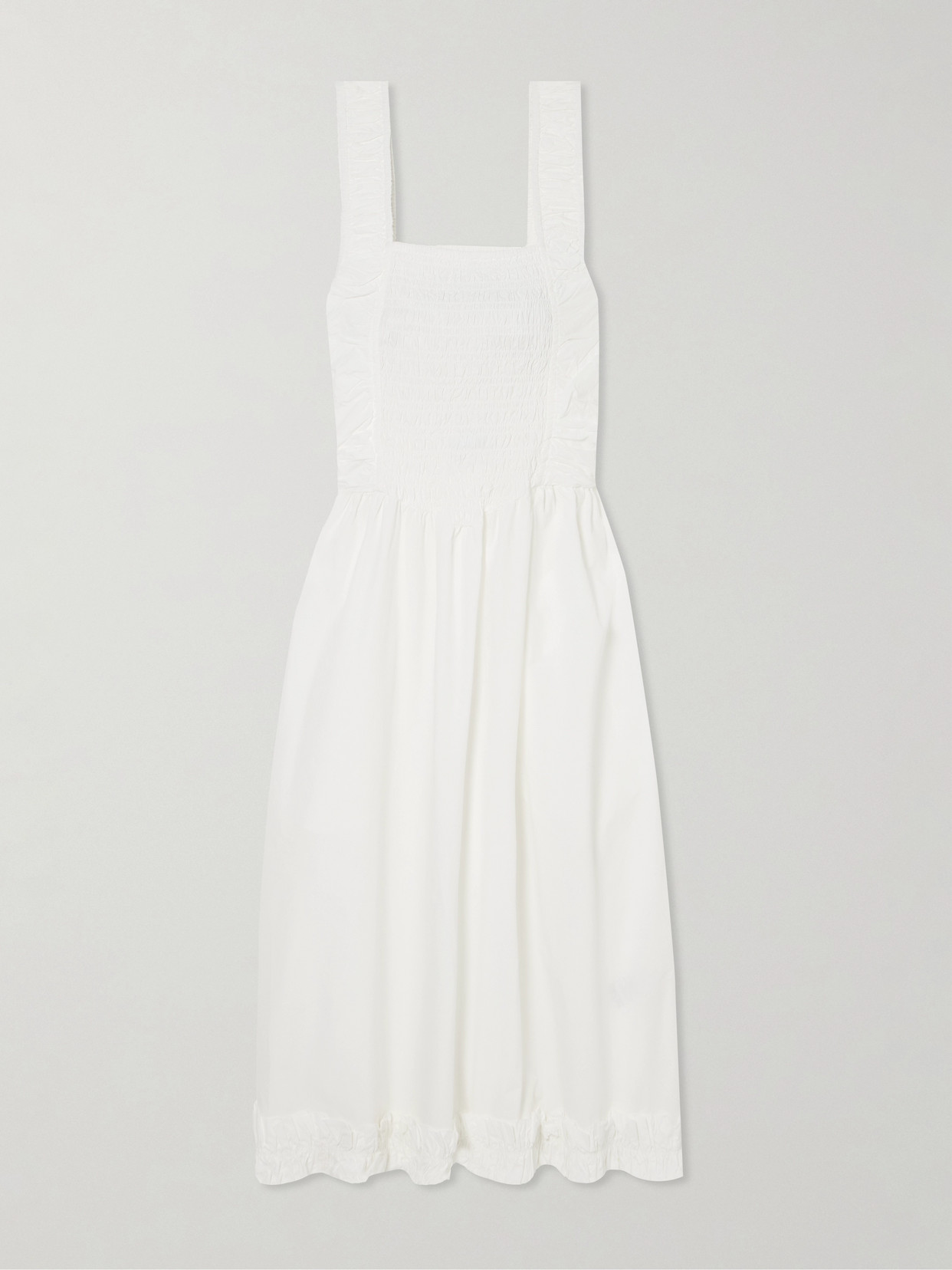 Ganni Smocked Organic Cotton-poplin Midi Dress In White