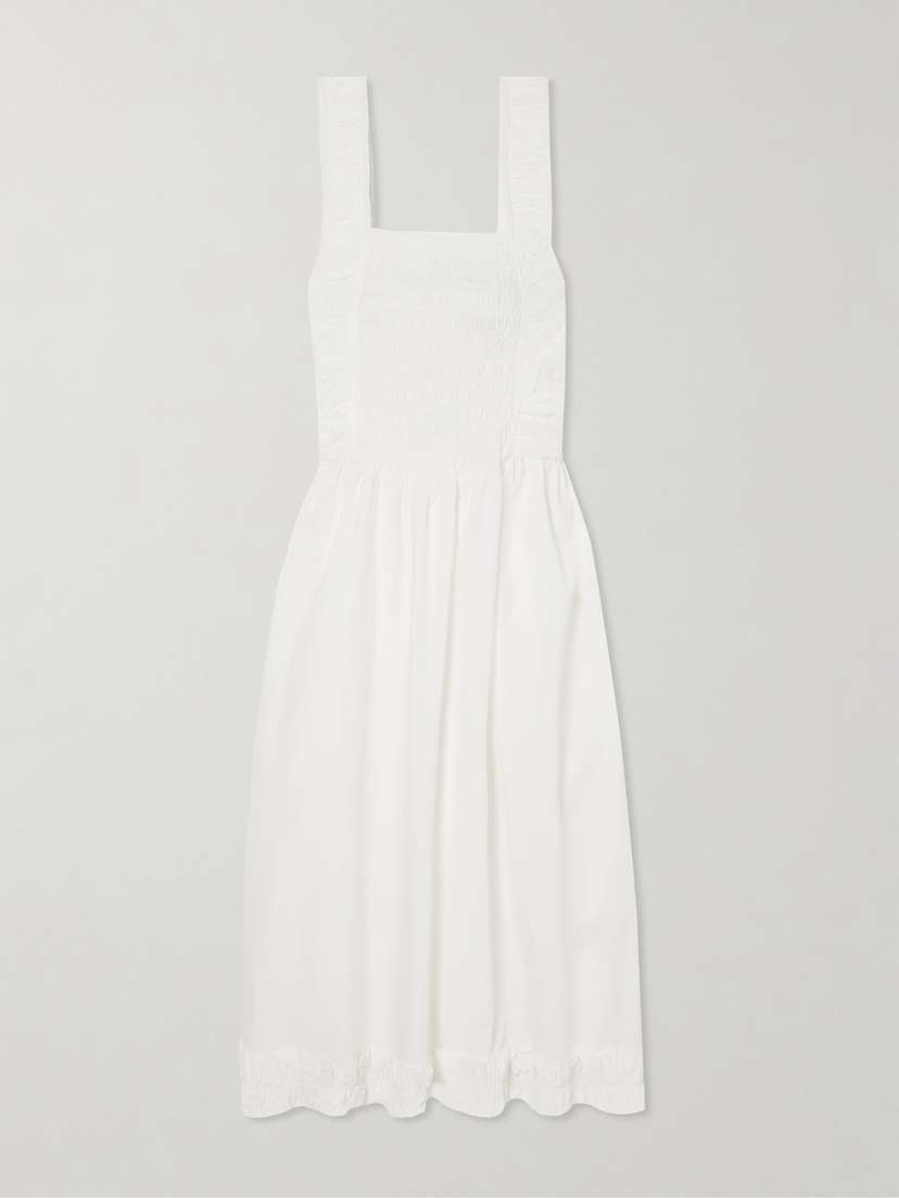 Ganni Smocked Organic Cotton-poplin Midi Dress
