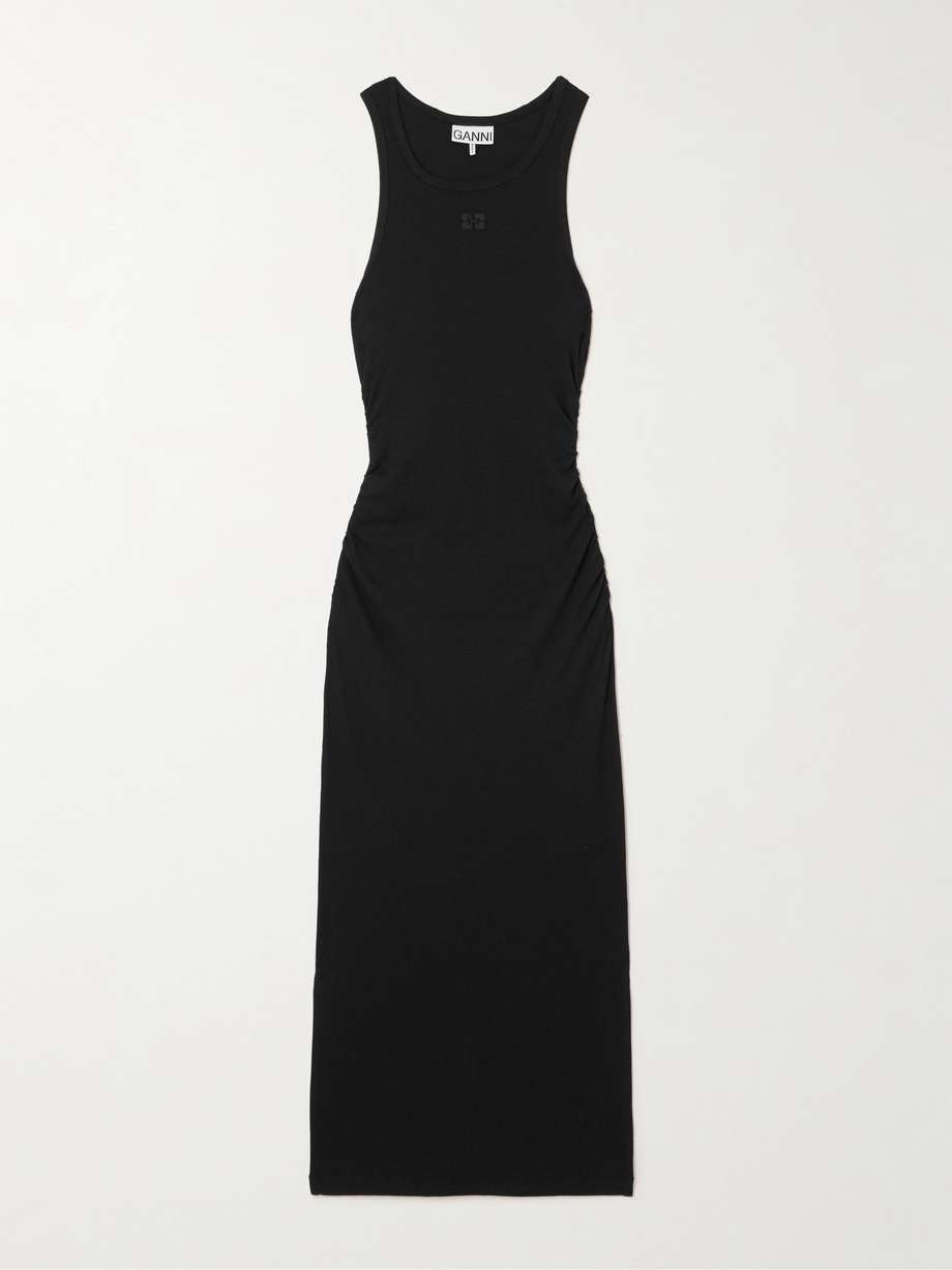 ruched ribbed organic cotton-blend midi dress