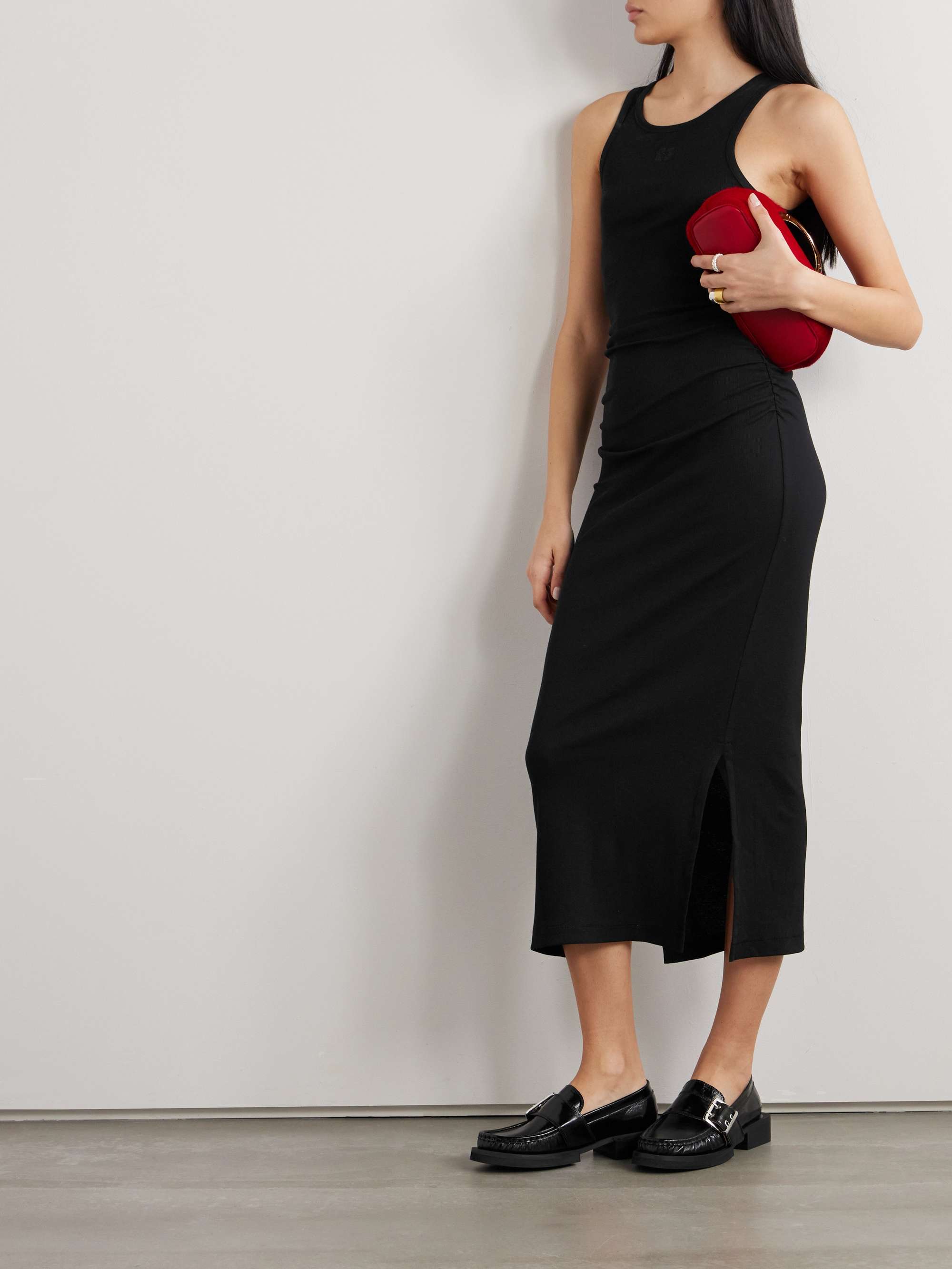 Ruched ribbed organic cotton blend midi dress
