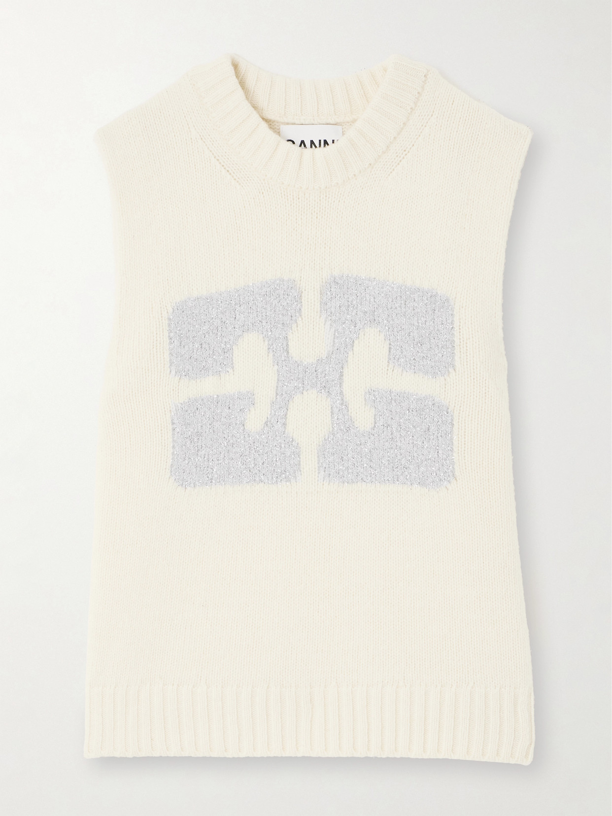 Ganni Beige Recycled Wool Blend Vest With Contrasting Front Logo In Ivory