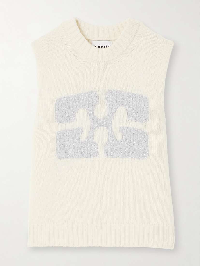 Ganni Metallic-trimmed Intarsia-knitted Vest