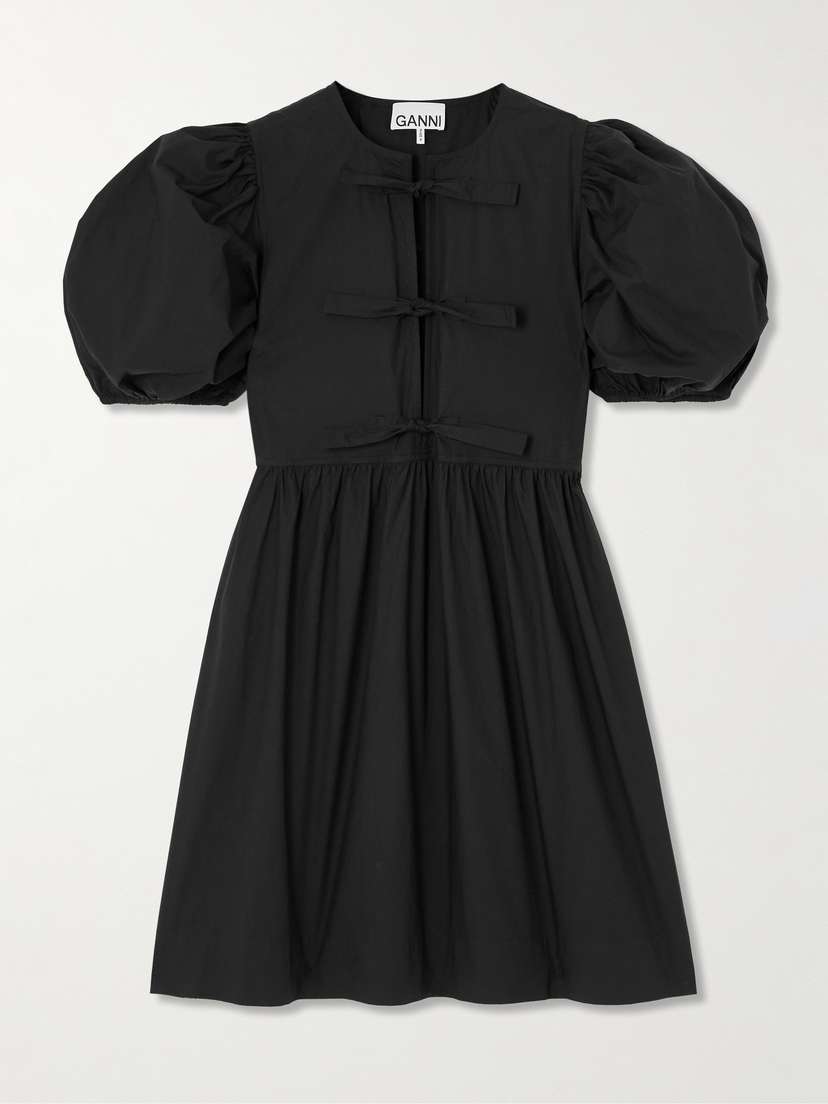 Ganni Bow-embellished Pleated Organic Cotton-poplin Mini Dress
