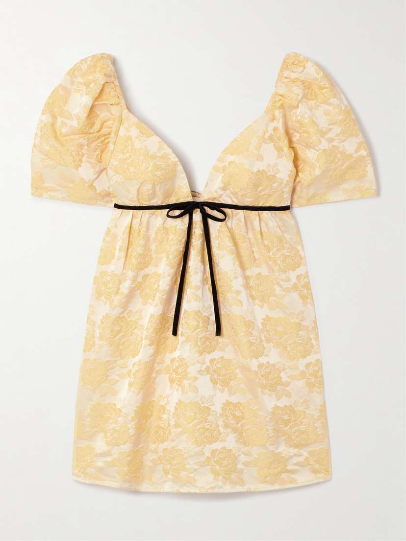 Ganni Velvet-trimmed Recycled Floral-jacquard Mini Dress - EU 44