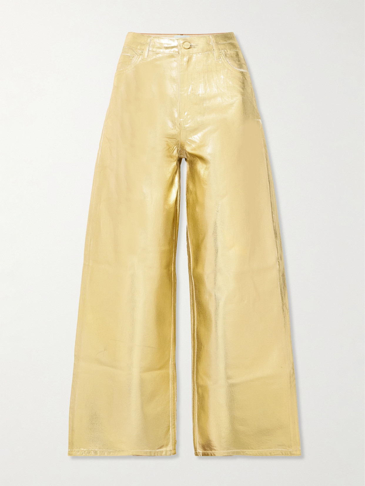 Ganni Metallic High-rise Wide-leg Organic Jeans In Gold