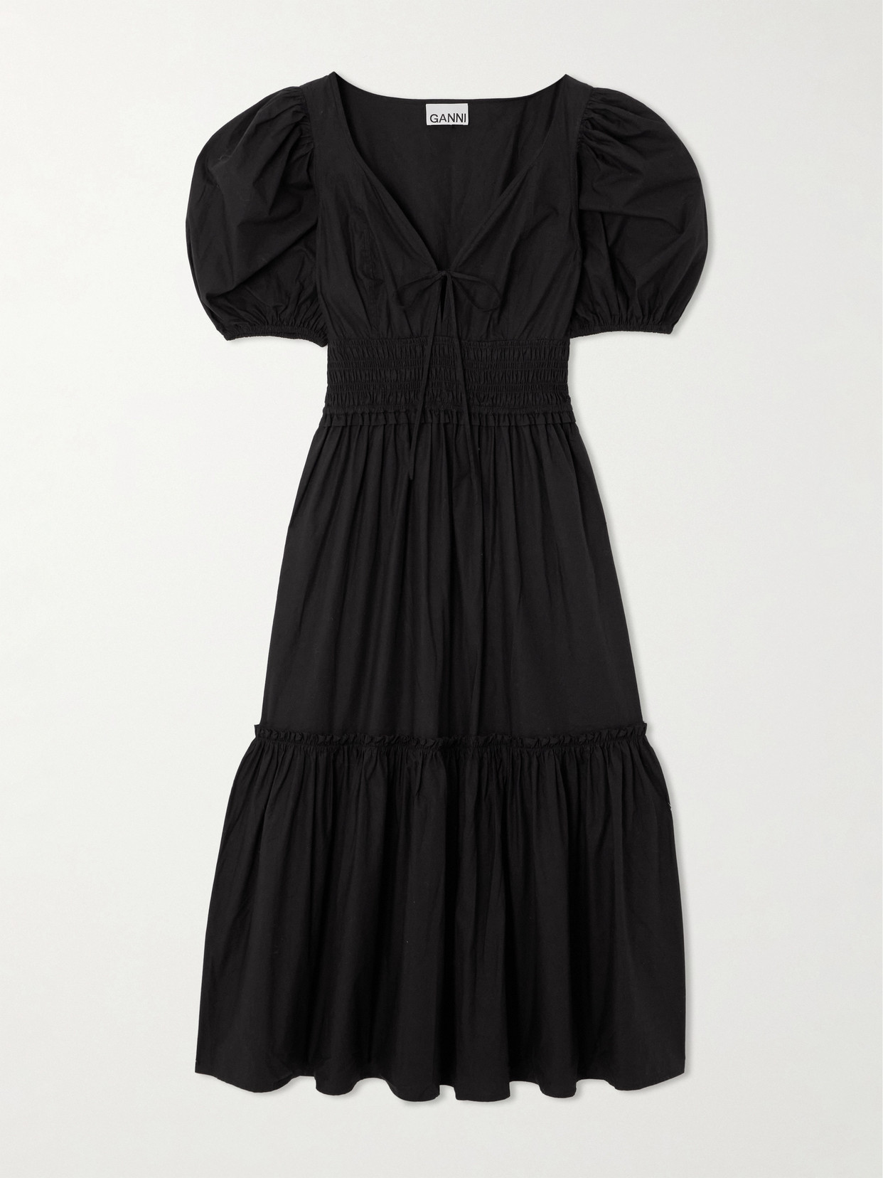 GANNI - Shirred Tiered Organic Cotton-poplin Midi Dress - Black