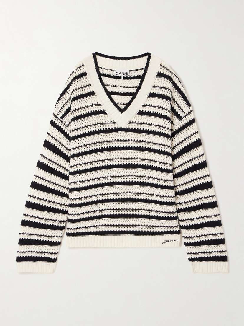 Ganni Striped Pointelle-knit Organic Cotton Sweater