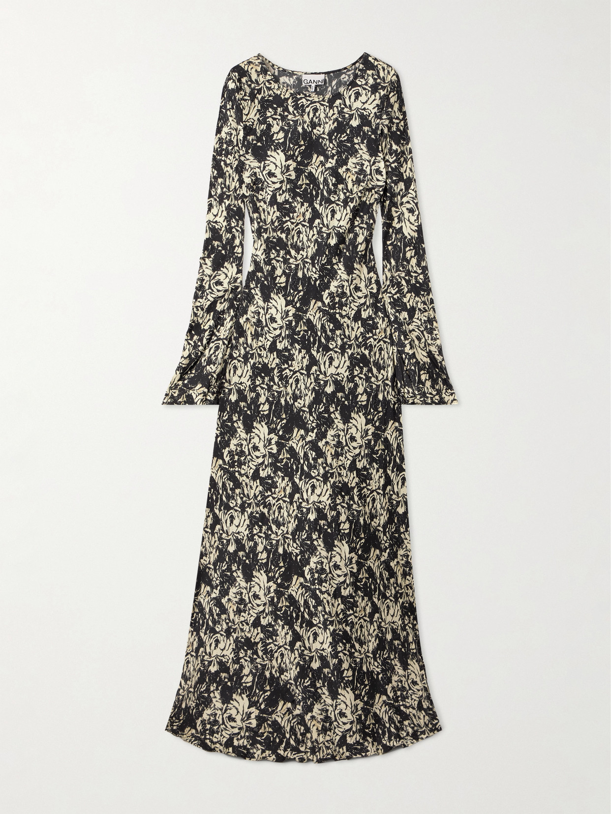 GANNI - Floral-print Satin Maxi Dress - Black