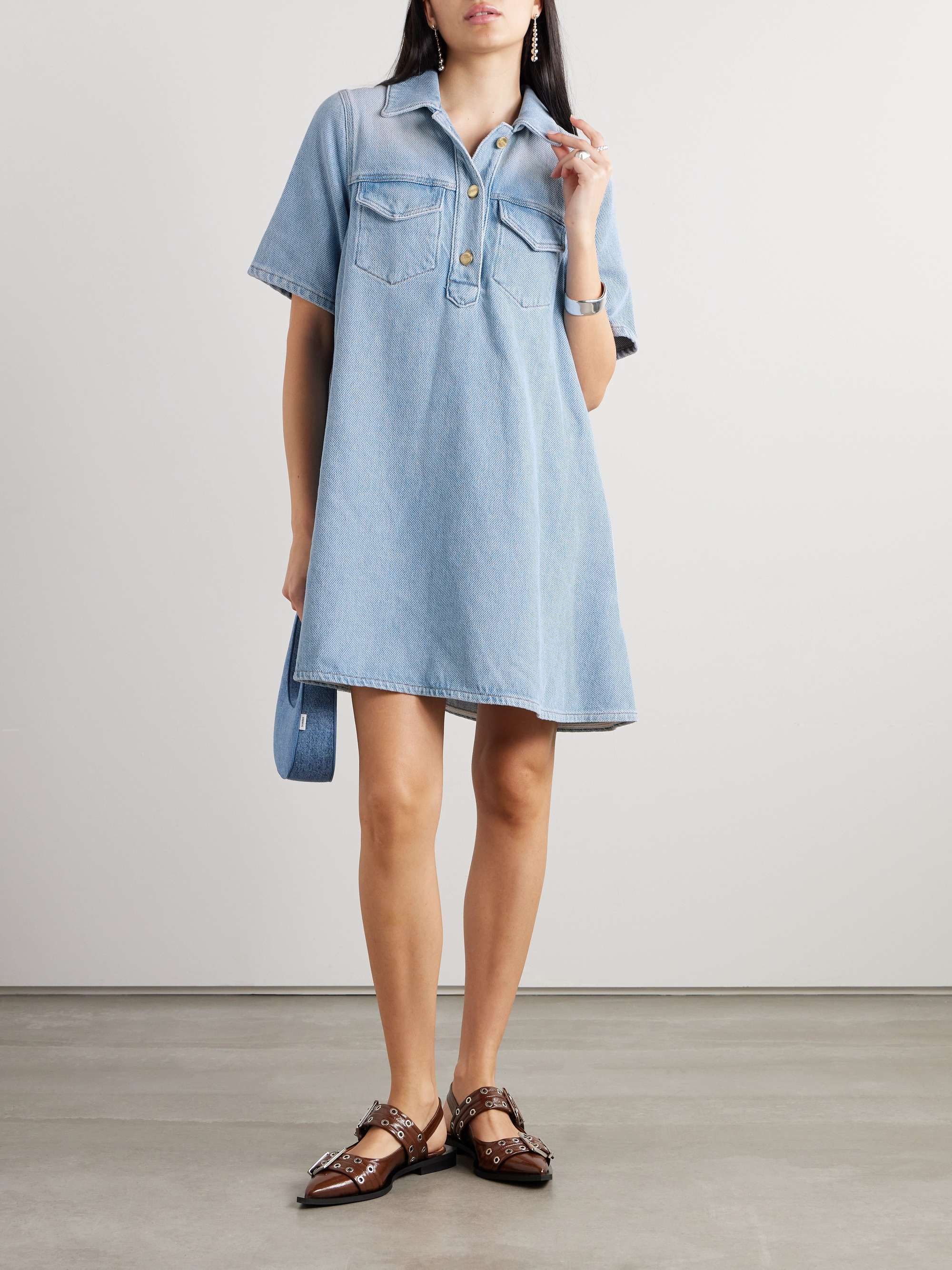 ganni broderie anglaise shirt dress GANNI Broderie Anglaise-Paneled Midi Shirt Dress