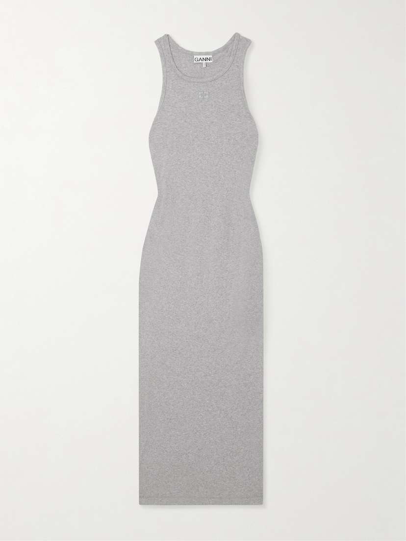 Ganni Ruched Ribbed Organic Cotton-blend Midi Dress - x large