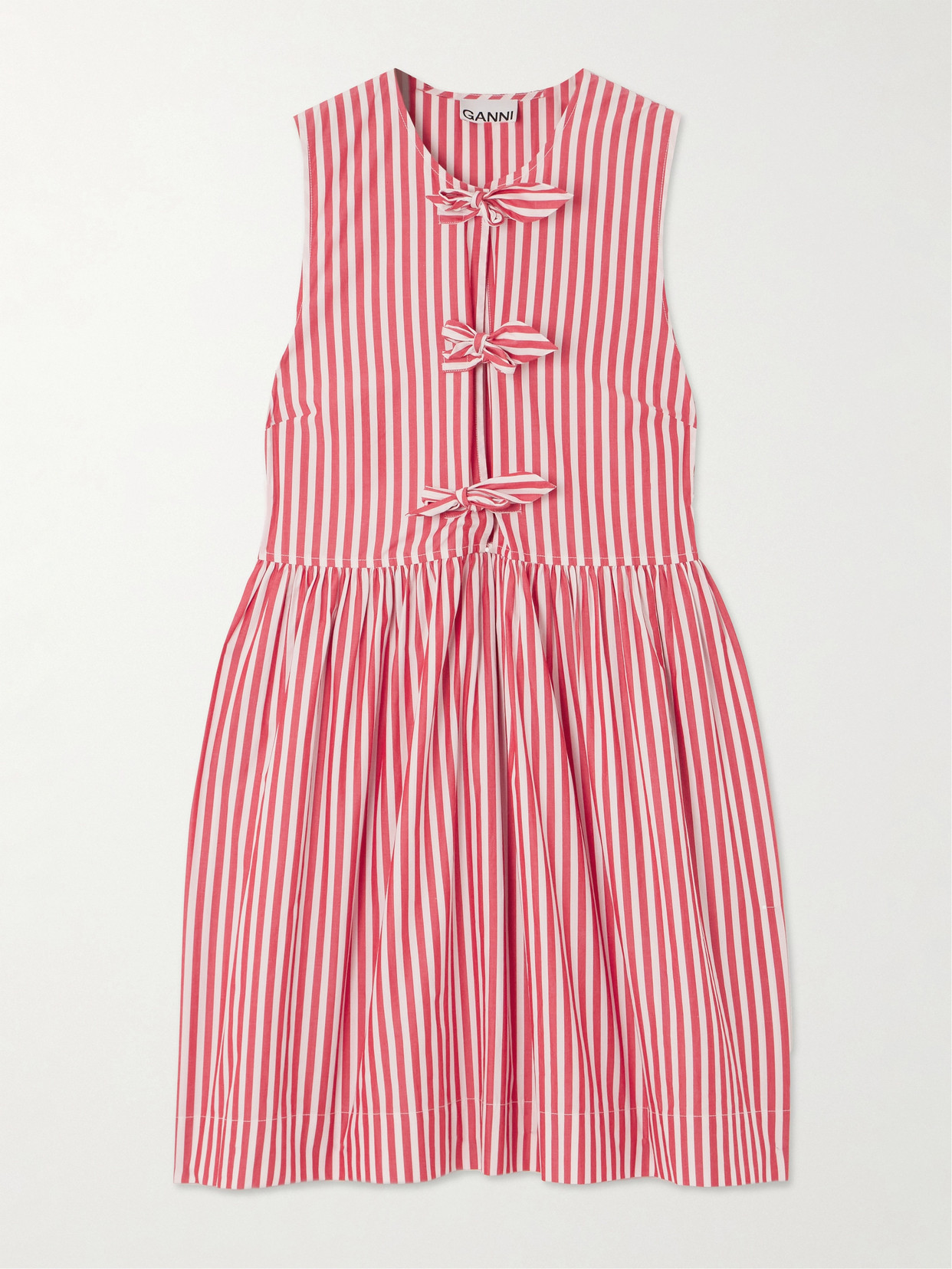 GANNI - Tie-front Striped Organic Cotton-poplin Mini Dress - Red