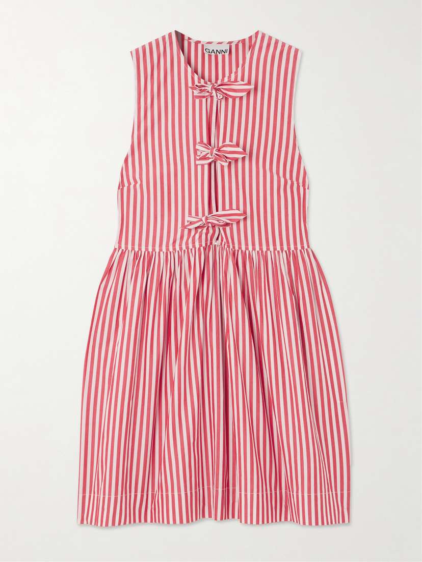 Ganni Tie-front Striped Organic Cotton-poplin Mini Dress - EU 44