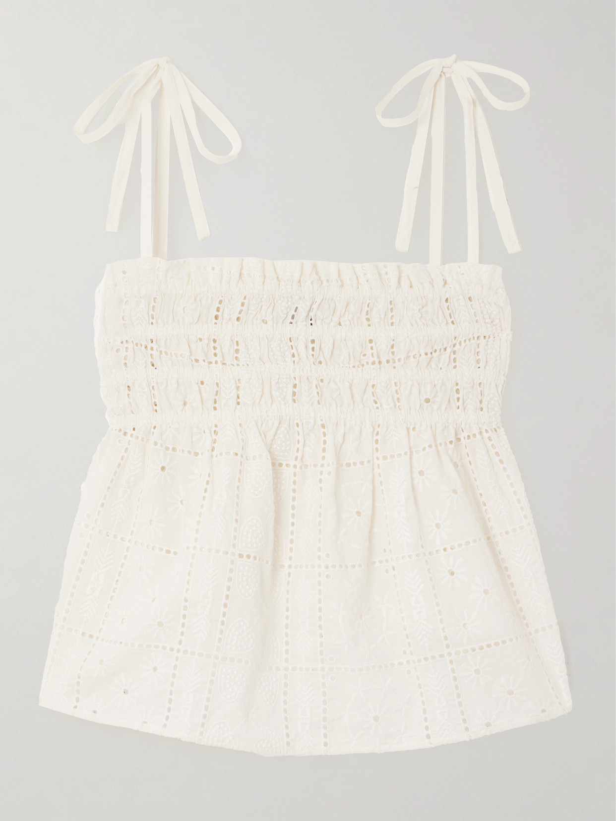 Ganni Shirred Broderie Anglaise Organic Cotton Top In Ivory