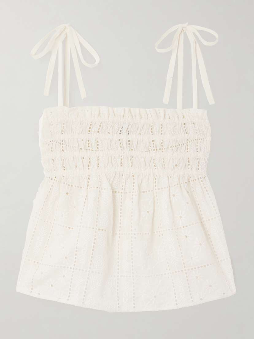 Ganni Shirred Broderie Anglaise Organic Cotton Top