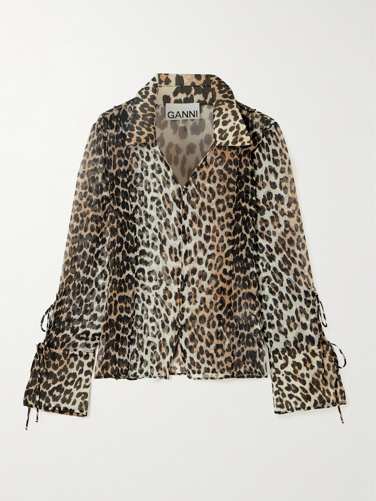 Ganni Tie-detailed Leopard-print Recycled-chiffon Blouse In Animal Print