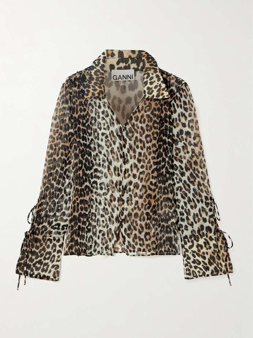Ganni Tie-detailed Leopard-print Recycled-chiffon Blouse