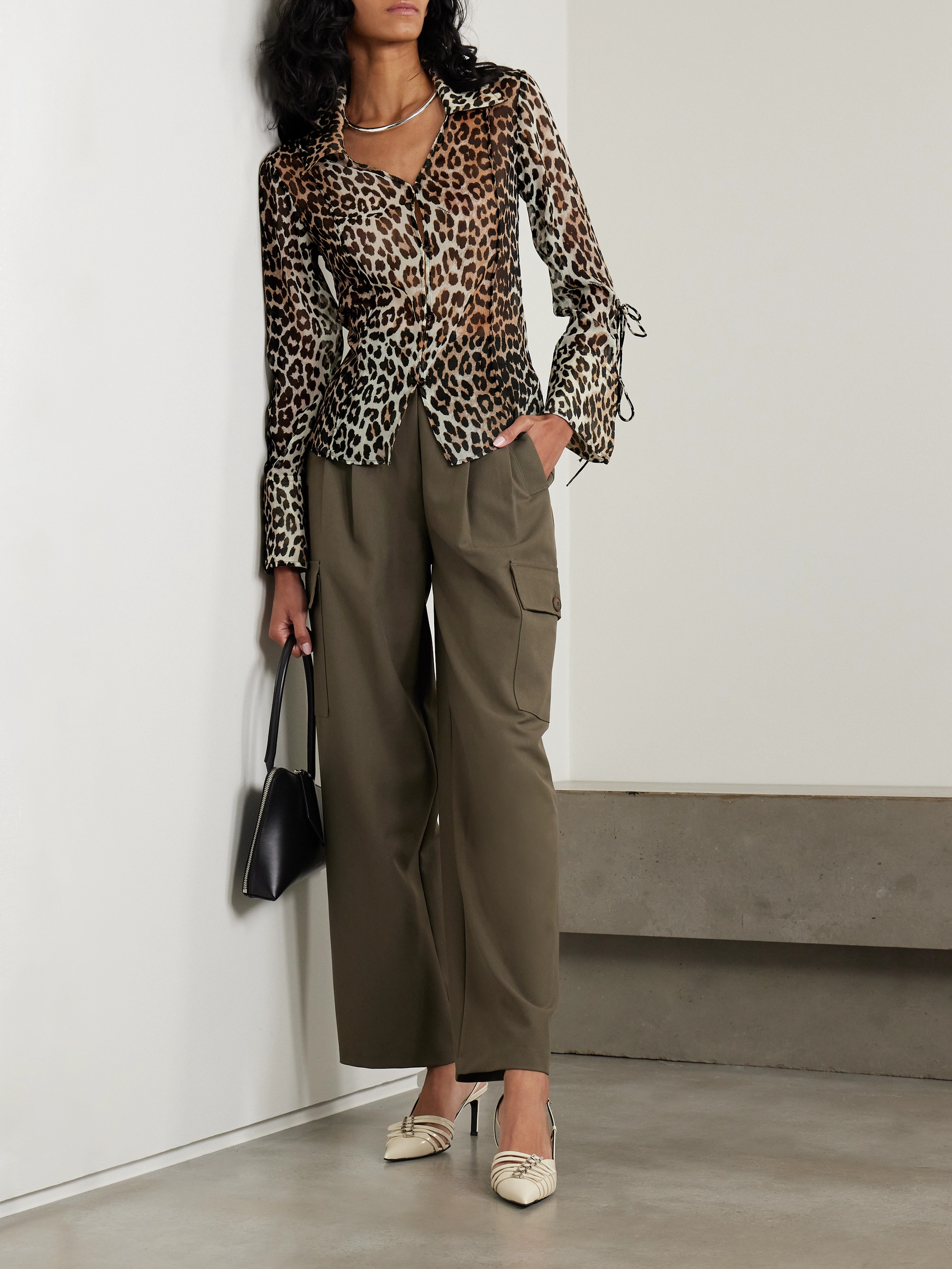 GANNI Tie-detailed leopard-print recycled-chiffon blouse