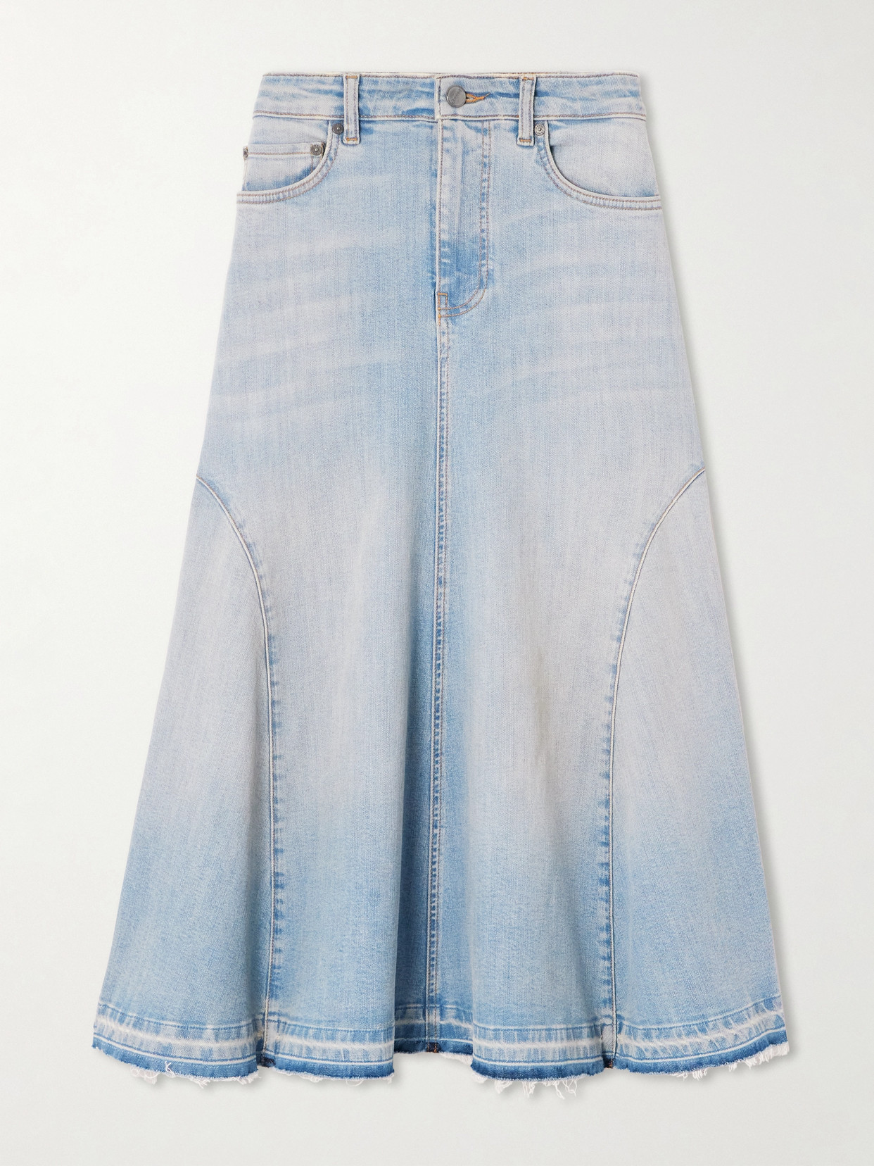 GANNI - Tint Frayed Paneled Denim Midi Skirt - Blue