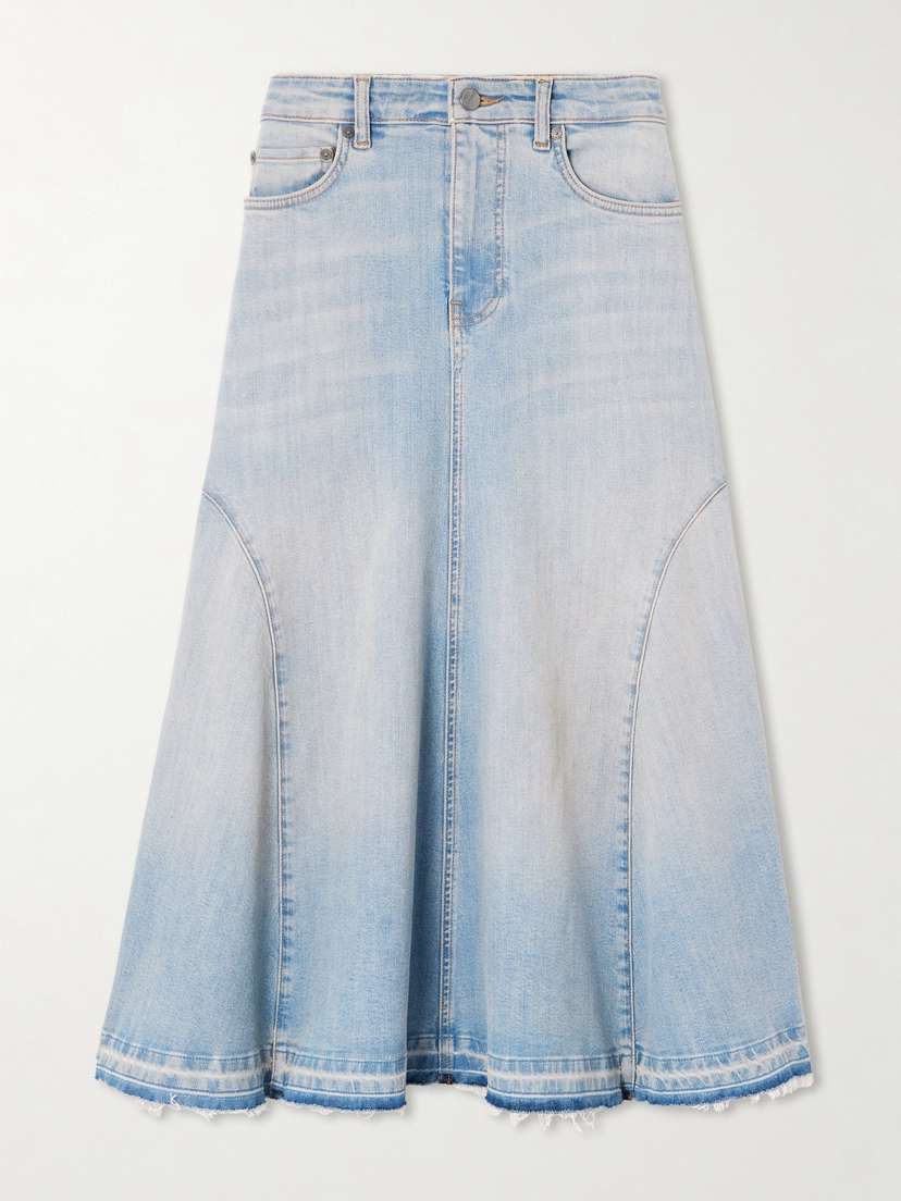 Ganni Tint Frayed Paneled Denim Midi Skirt