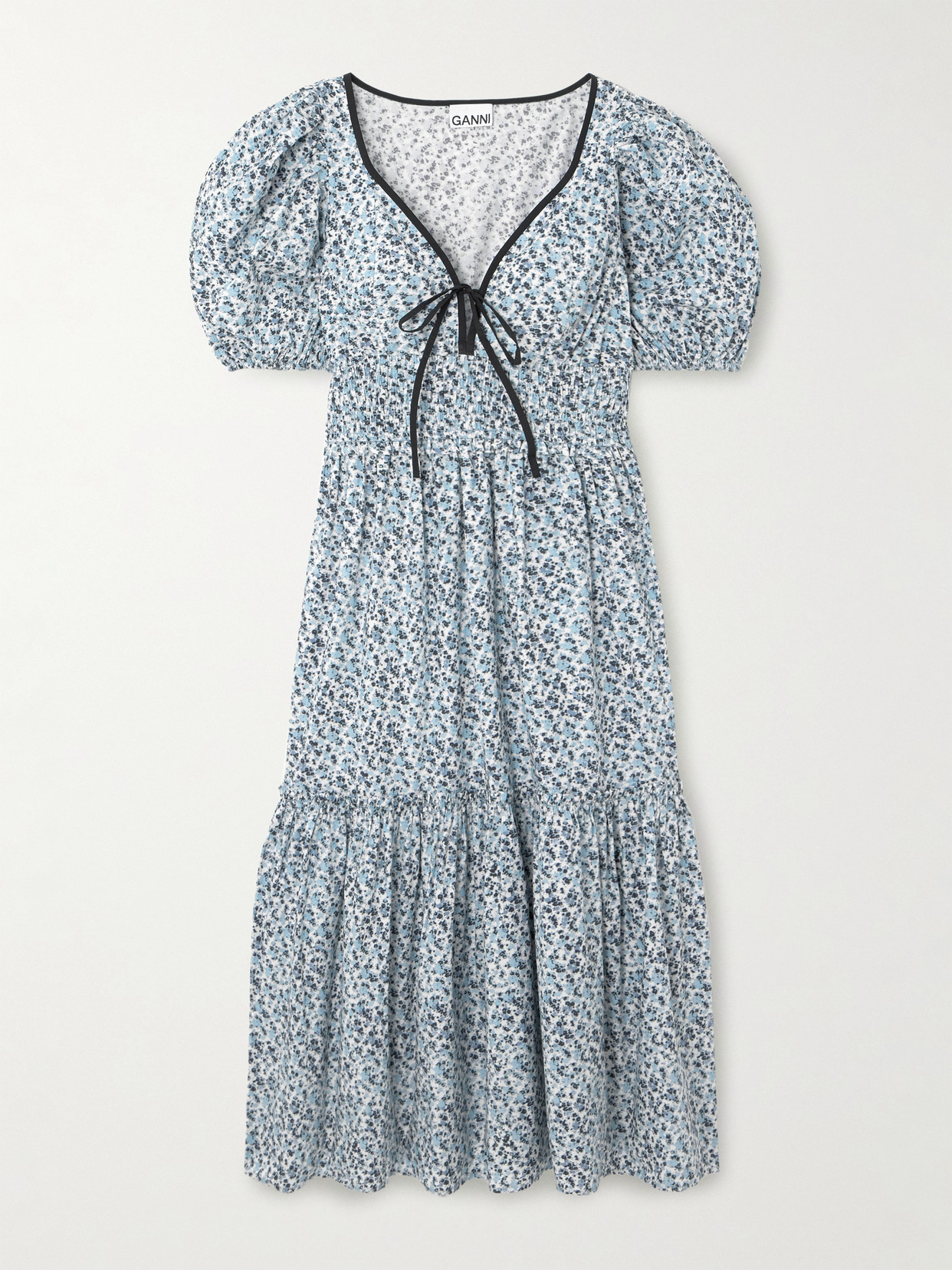 GANNI - Shirred Tiered Floral-print Organic Cotton-poplin Midi Dress - Blue
