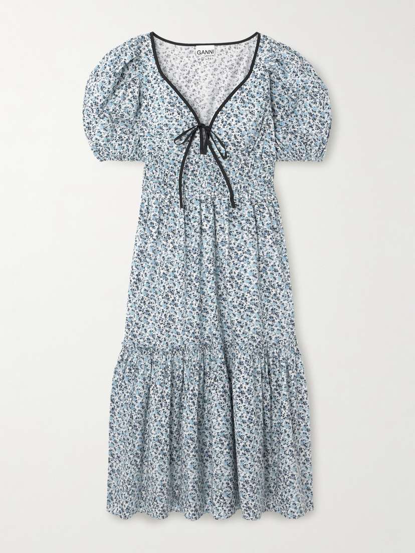 Ganni Shirred Tiered Floral-print Organic Cotton-poplin Midi Dress