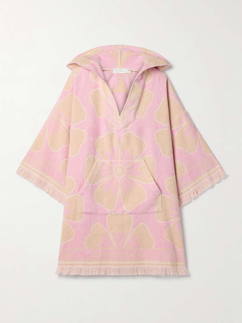 Zimmermann Pop Hooded Frayed Cotton-terry Floral-jacquard Mini Dress