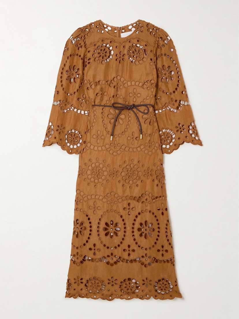 Zimmermann Pop Belted Scalloped Broderie Anglaise Linen Midi Dress