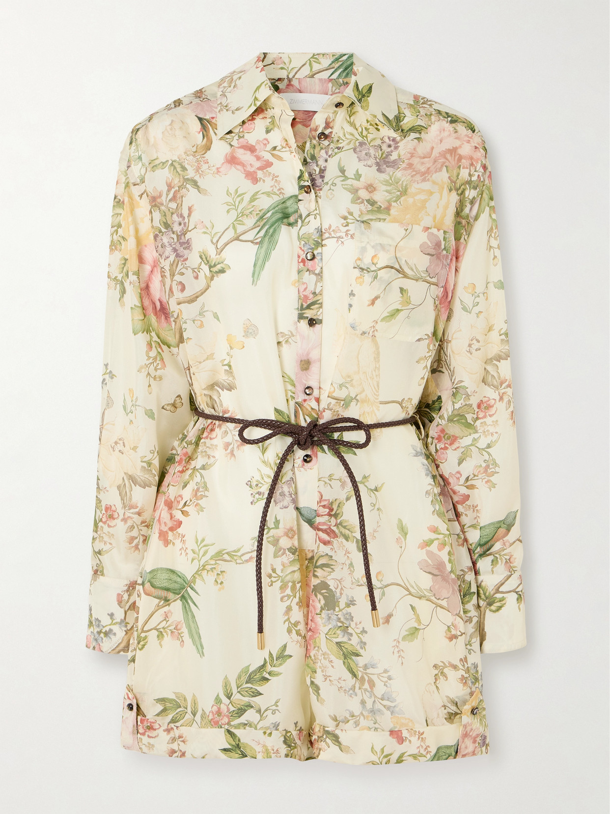 Zimmermann Waverly Belted Leather-trimmed Floral-print Silk Playsuit In Cream