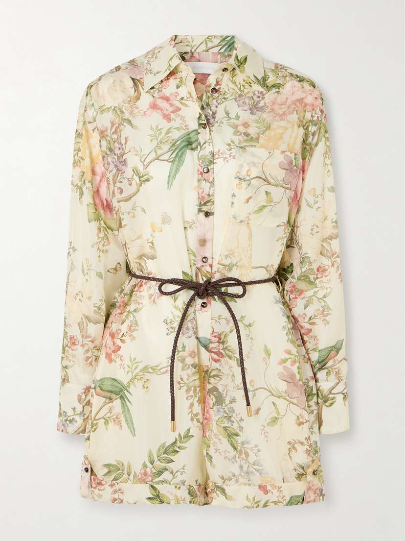 Zimmermann Waverly Belted Leather-trimmed Floral-print Silk Playsuit