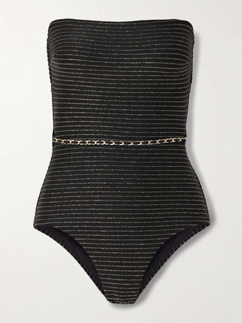 Zimmermann Waverly Strapless Belted Metallic Striped Swimsuit