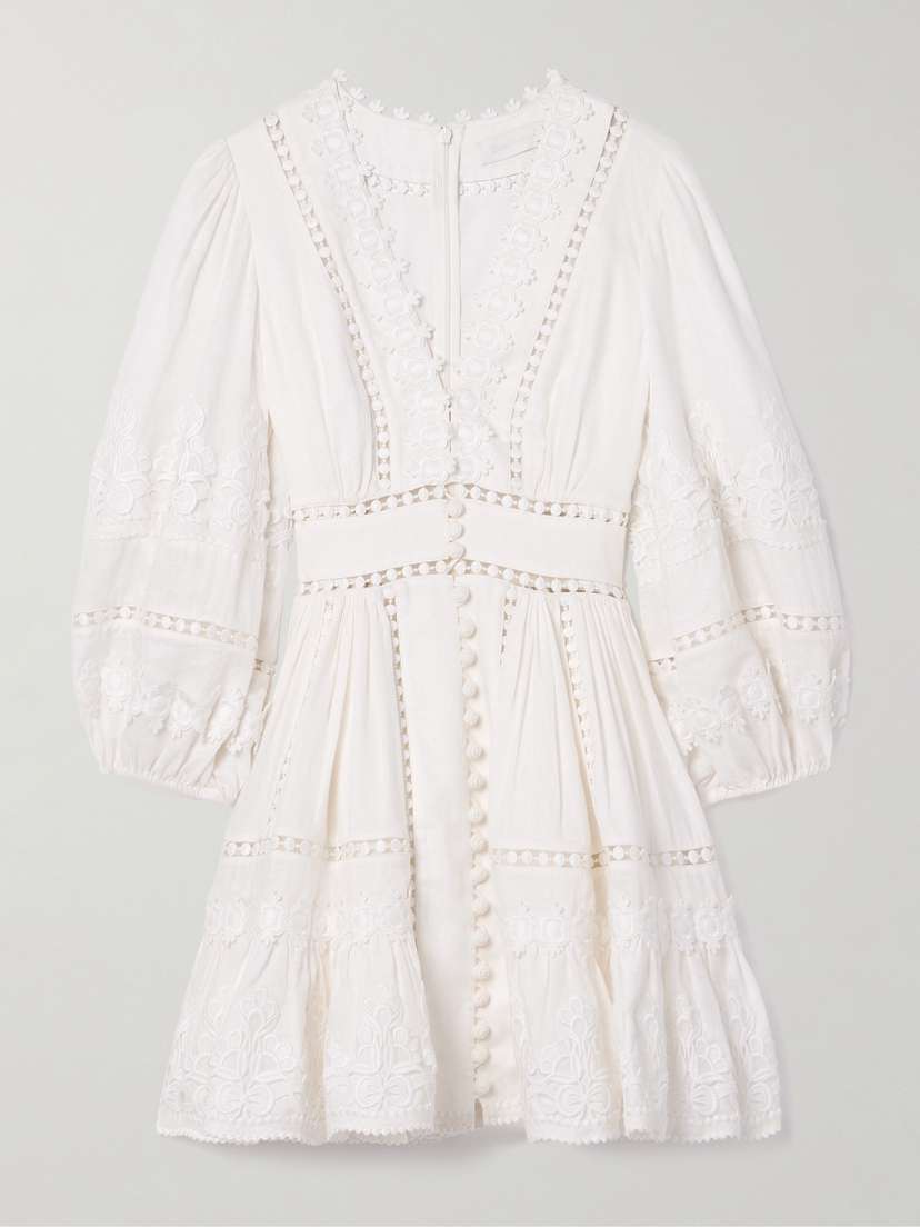 Zimmermann Pop Appliquéd Guipure Lace-trimmed Linen Mini Dress