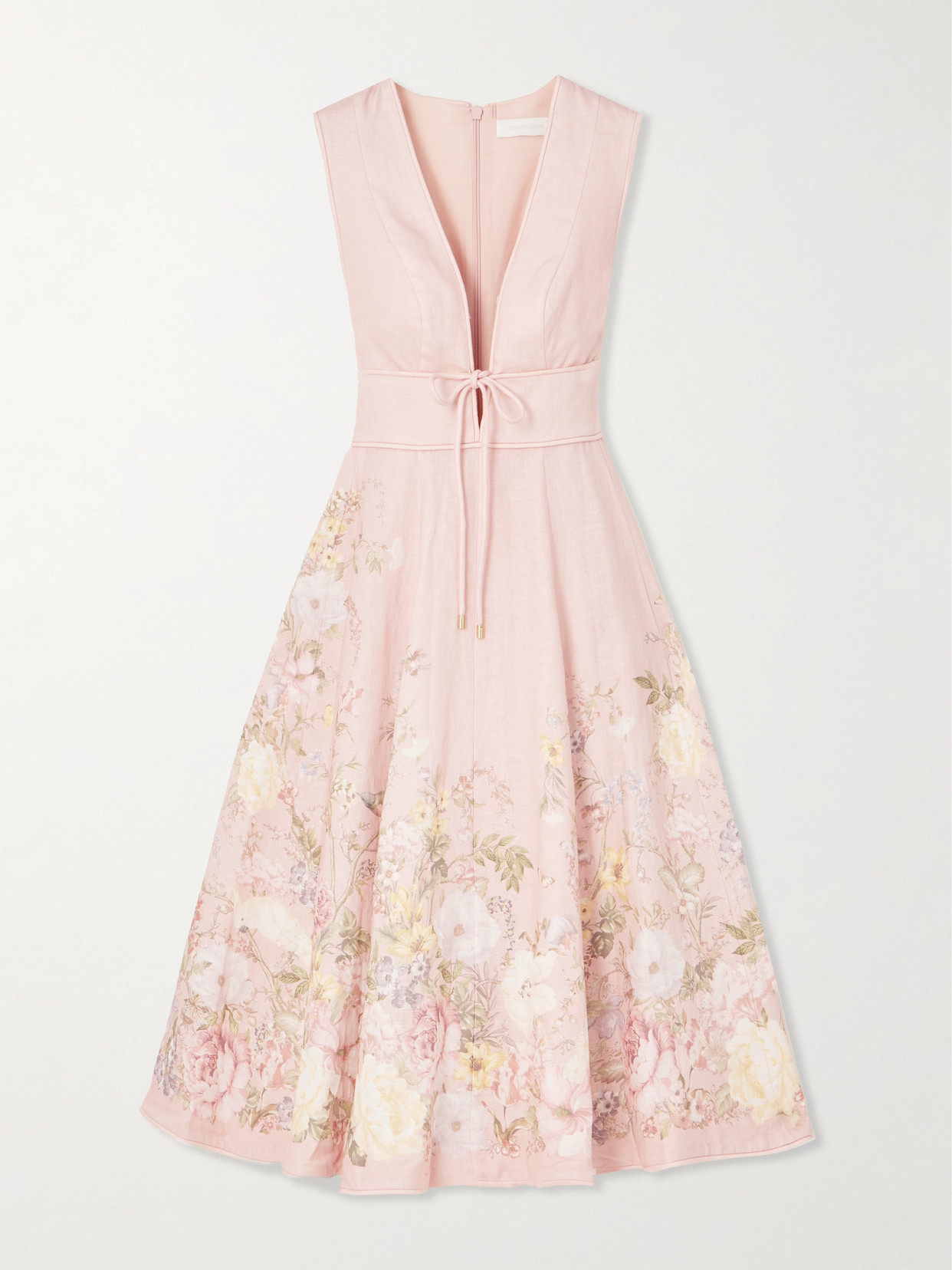 Zimmermann Waverly Pleated Floral-print Linen Midi Dress In Pink | ModeSens