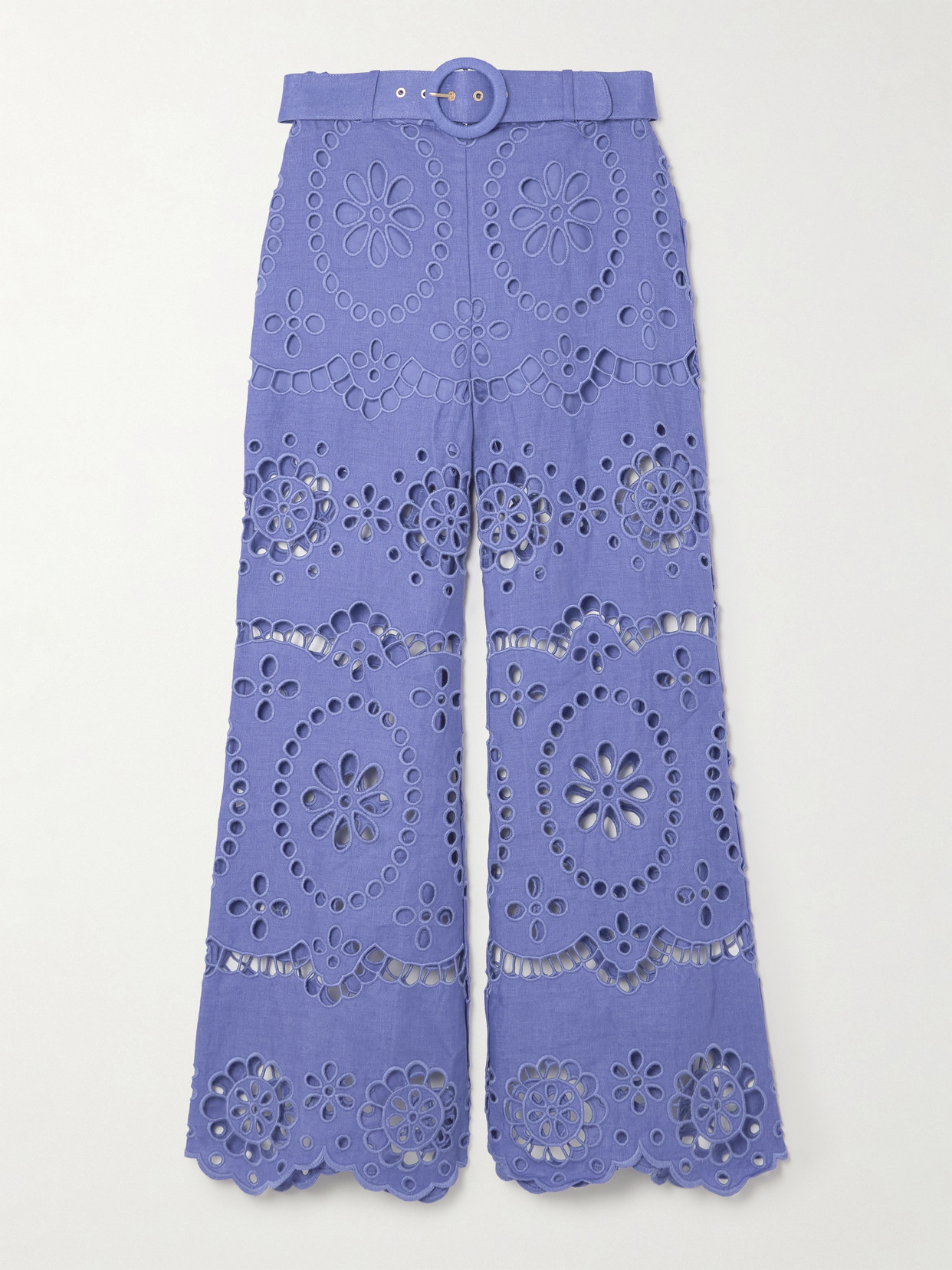 Zimmermann Pop Embroidered Belted Flared Pants In Blue