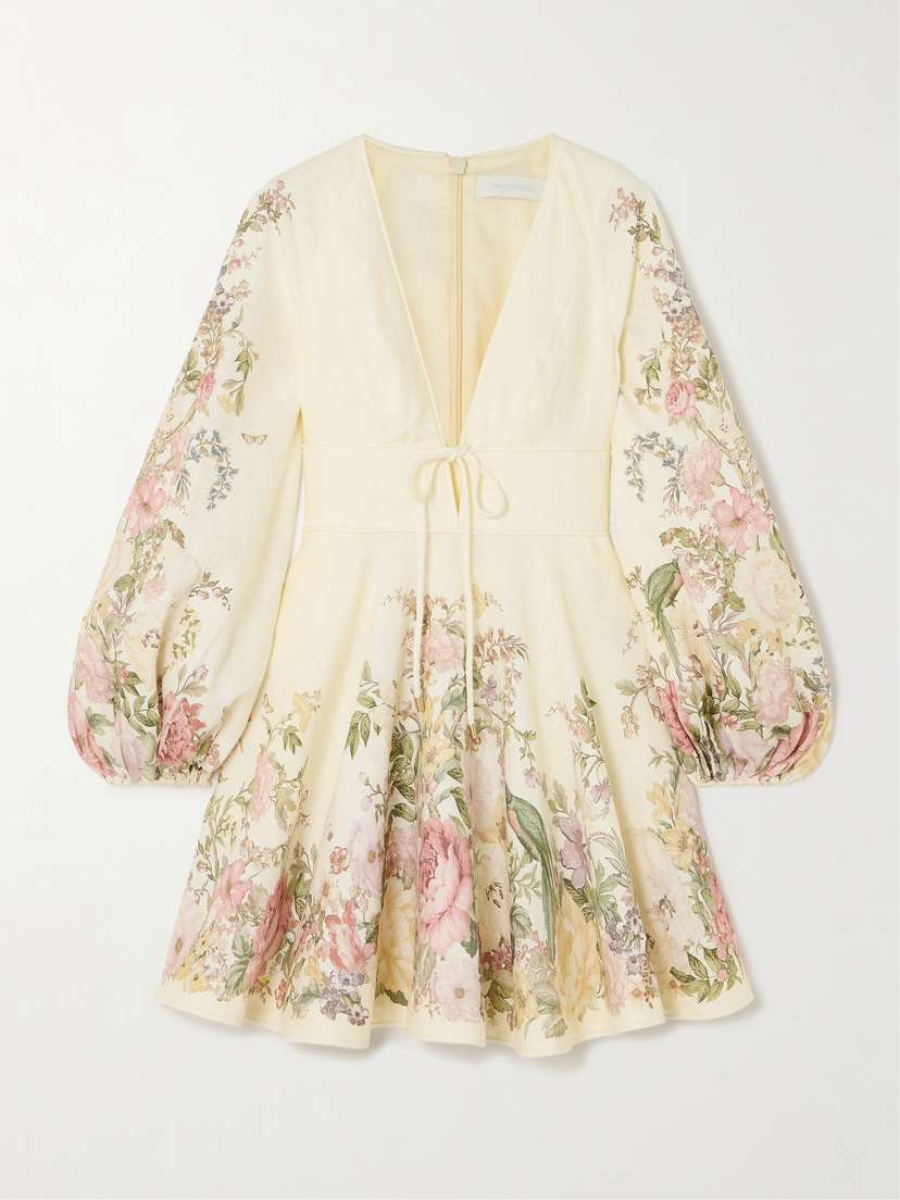 Zimmermann Waverly Plunge Tie-detailed Floral-print Linen Mini Dress