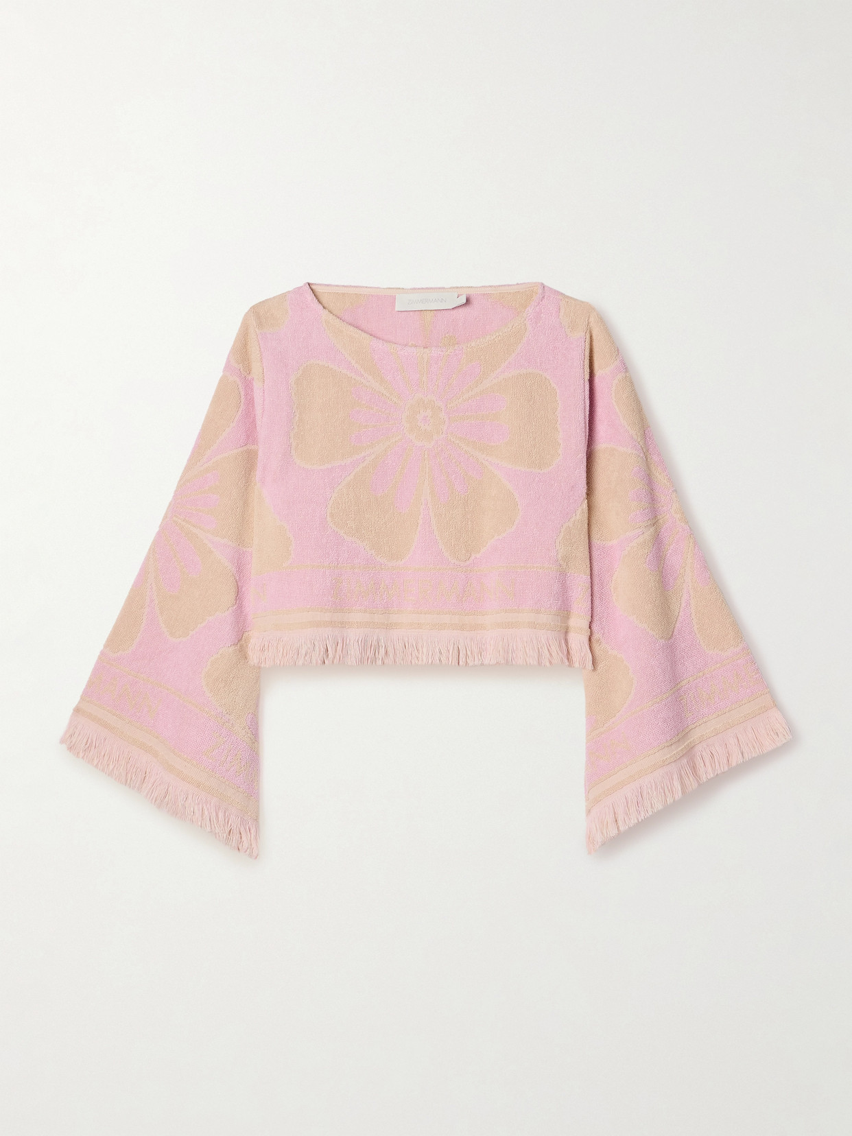 Zimmermann Pop Fringed Cropped Cotton-terry Jacquard Top In Pink