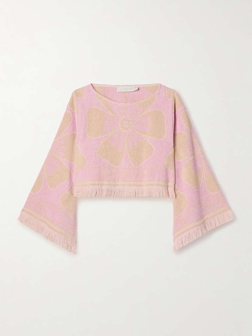Zimmermann Pop Fringed Cropped Cotton-terry Jacquard Top