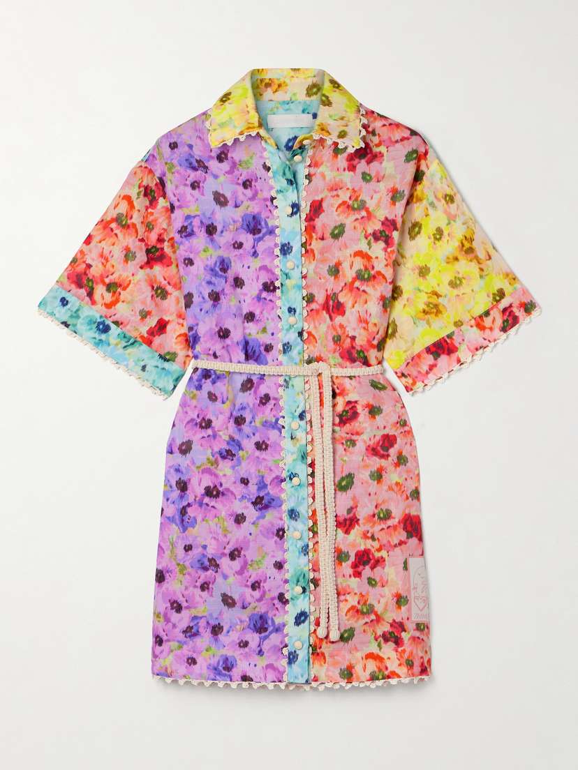 Zimmermann Lightburst Belted Crochet-trimmed Floral-print Cotton Mini Shirt Dress