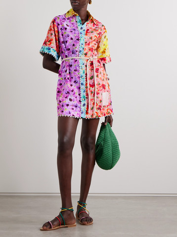 Zimmermann Lightburst belted crochet-trimmed floral-print cotton mini shirt dress
