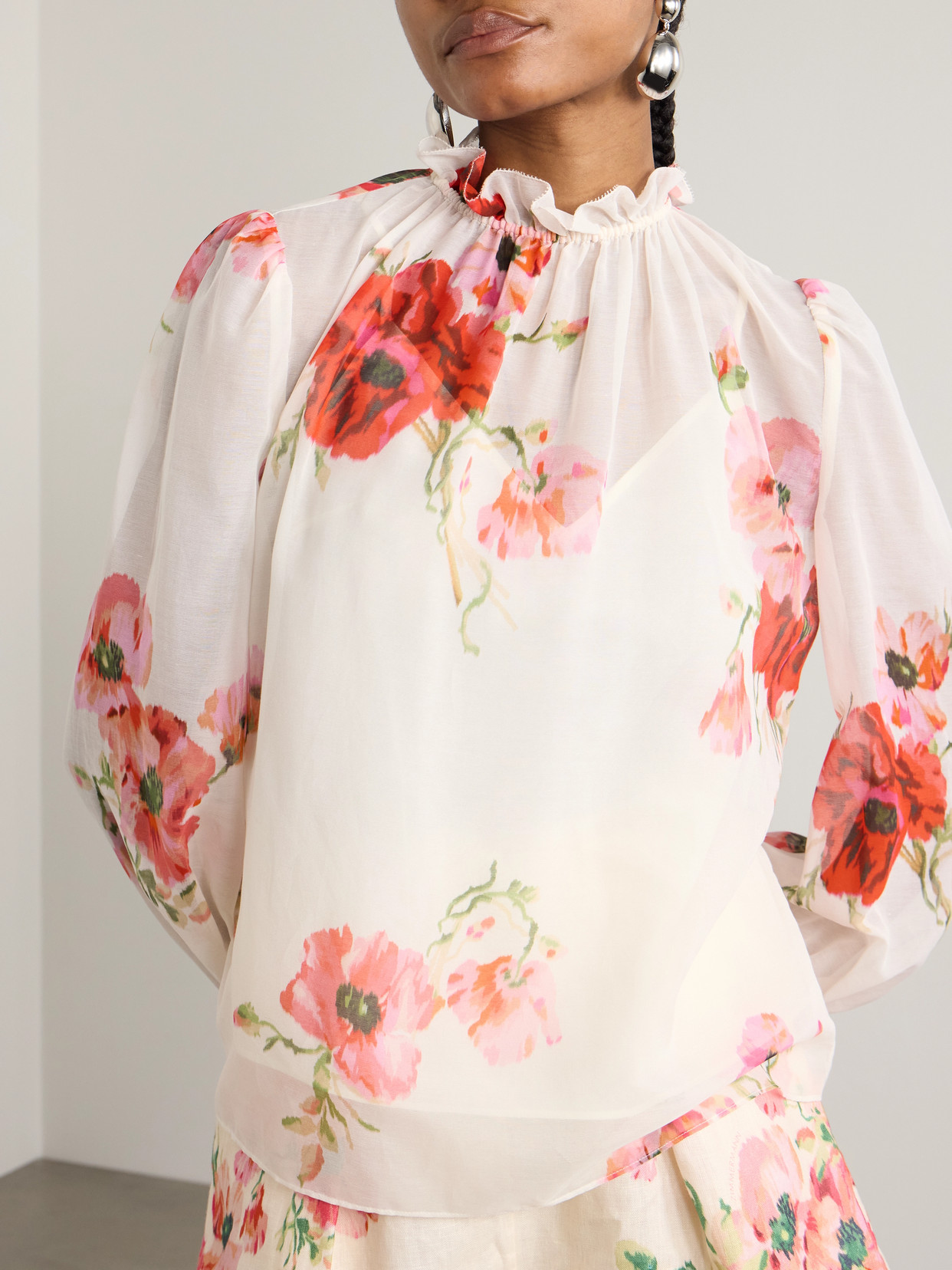 ZIMMERMANN LIGHTBURST RUFFLED FLORAL-PRINT COTTON AND SILK-BLEND VOILE BLOUSE